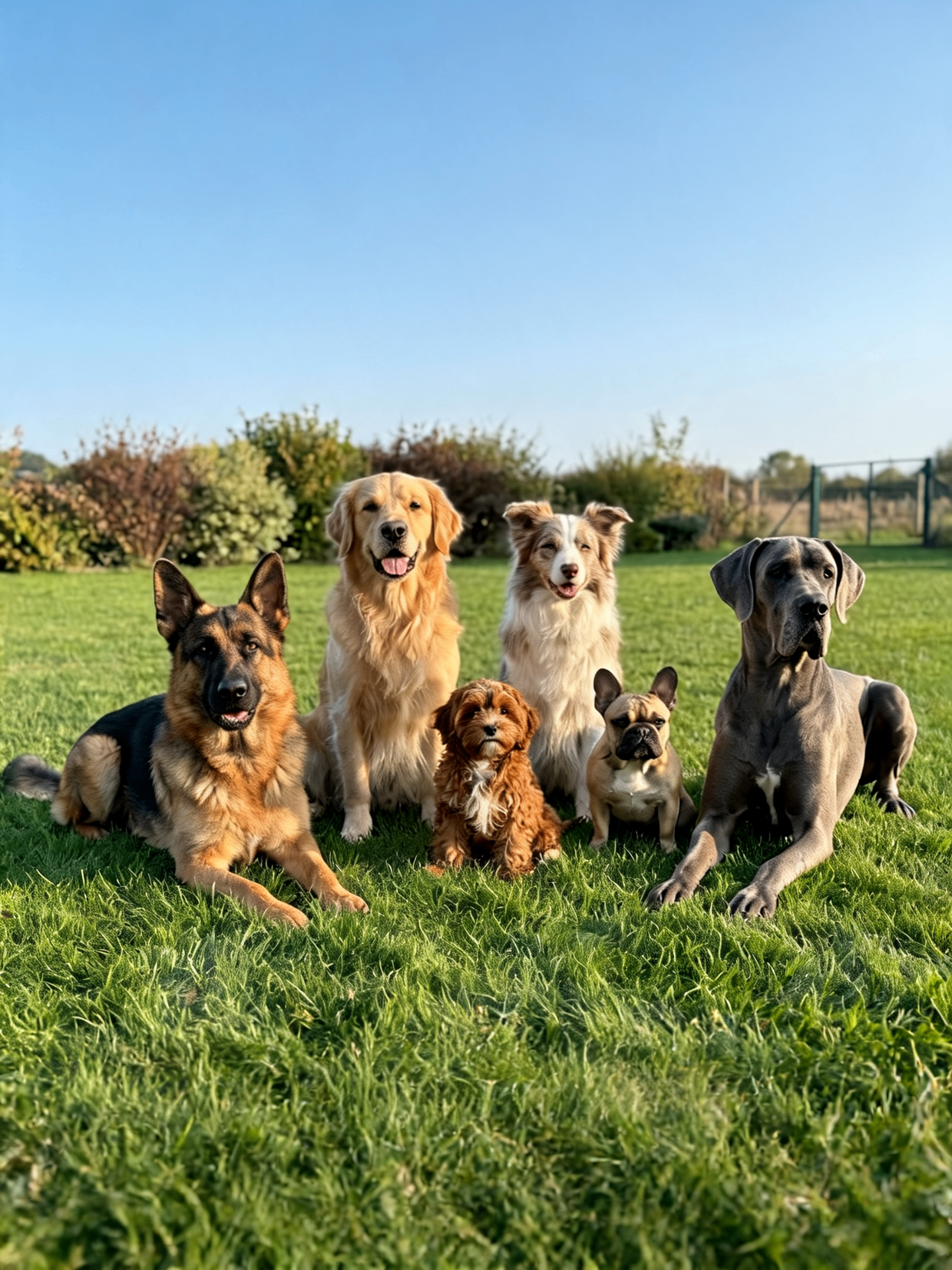 A pack of dogs of different breeds and sizes sitting together on grass